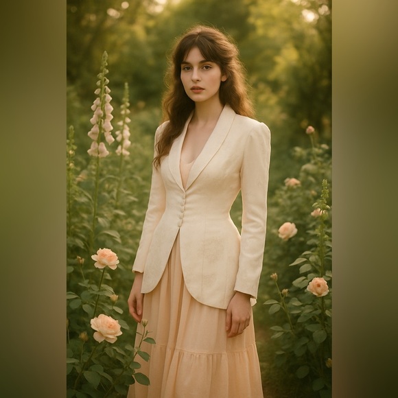 Vintage Ivory Brocade Blazer M/L Coquette Bridal Cottagecore Puff Sleeve ILGWU - Picture 2 of 16